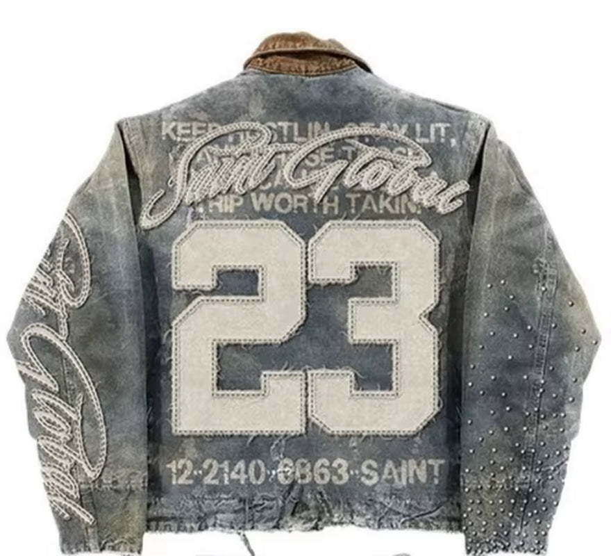 Streetwear American Washed Vintage Black Denim Jacket Y2K Clothes Men Hip Hop Letter Patch Embroidery Rhinestones Oversized Coat
