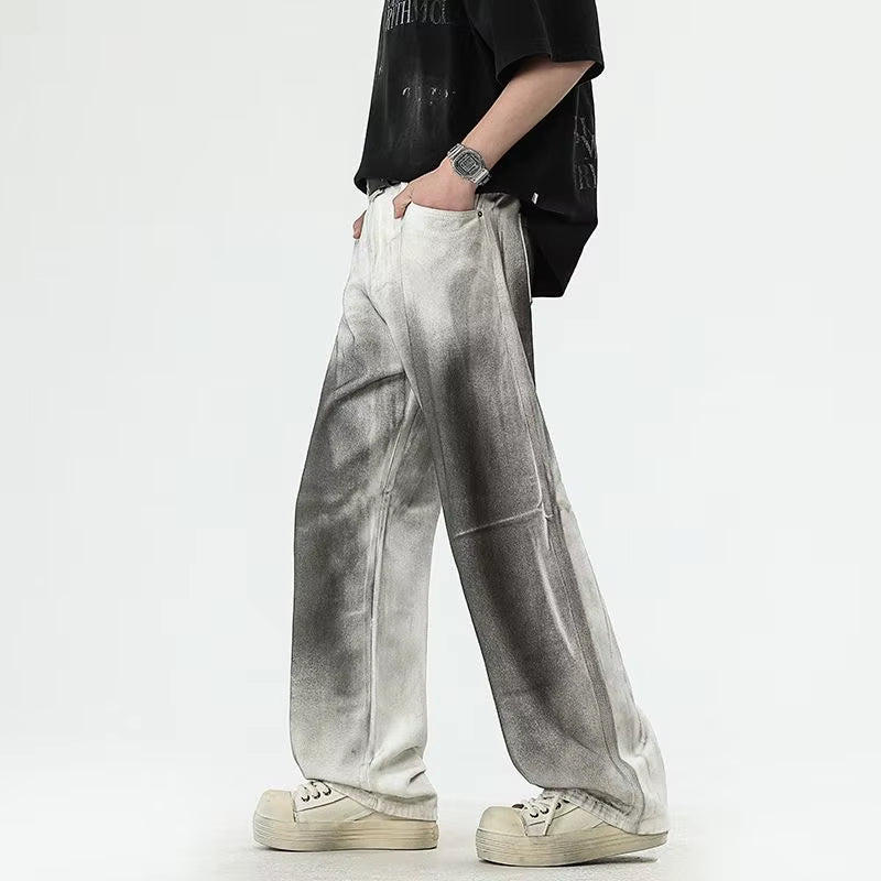 Men'S Street Style Simple Casual White Jeans Loose Straight Leg Wide Leg plus Size Wash Dirty Trendy Casual Versatile Long Pants