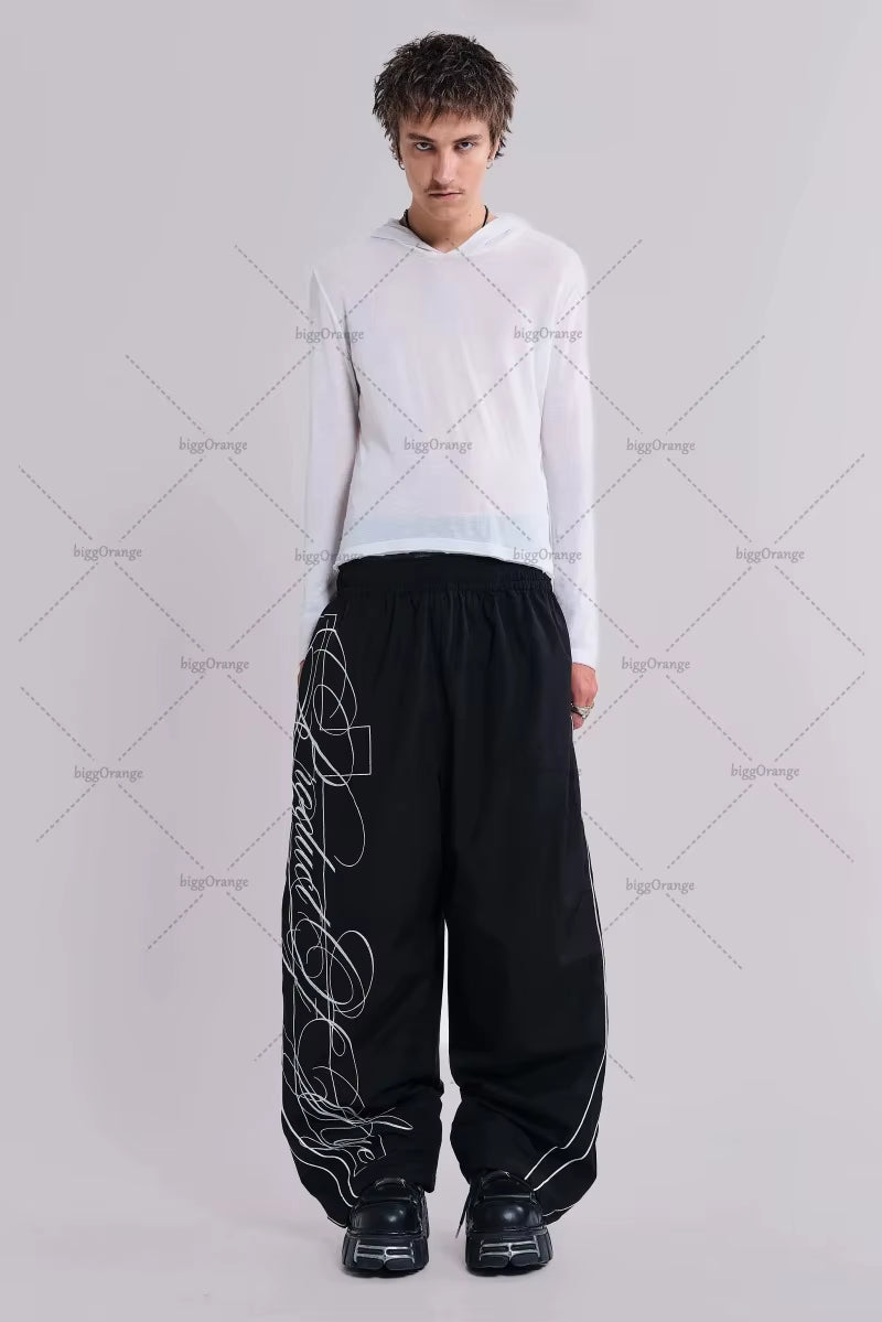 Retro Trendy Clothing Men American Embroidery High Waist Straight Wide-Leg Pants Women Hip-Hop Street Oversized Sports Pants