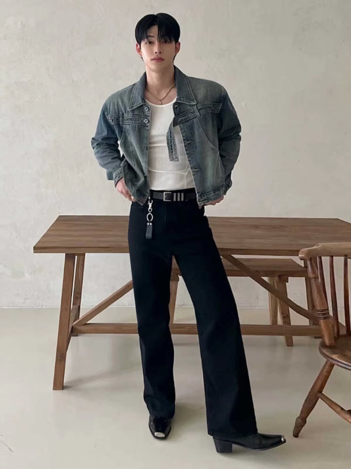 Retro American Waed Denim Jaet Men'S Loose Ort Outerwear Korean Trend Collar up Irt Autumn Season Faionable Youth