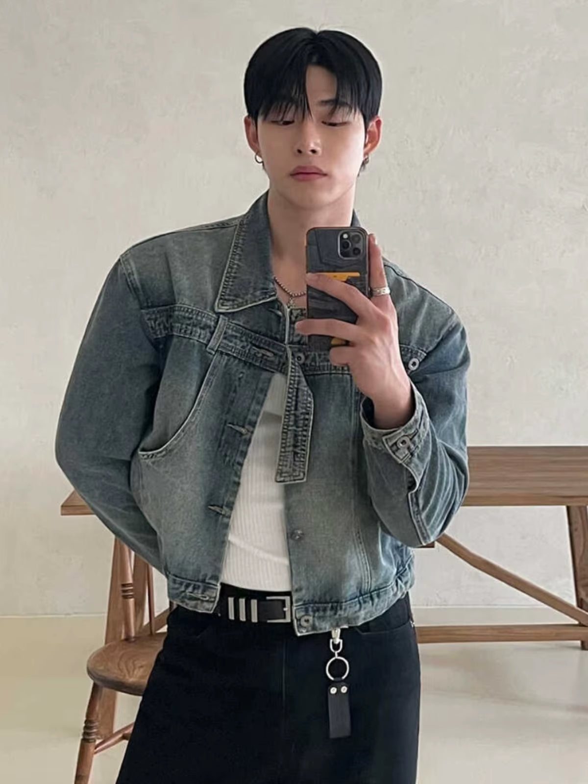 Retro American Waed Denim Jaet Men'S Loose Ort Outerwear Korean Trend Collar up Irt Autumn Season Faionable Youth