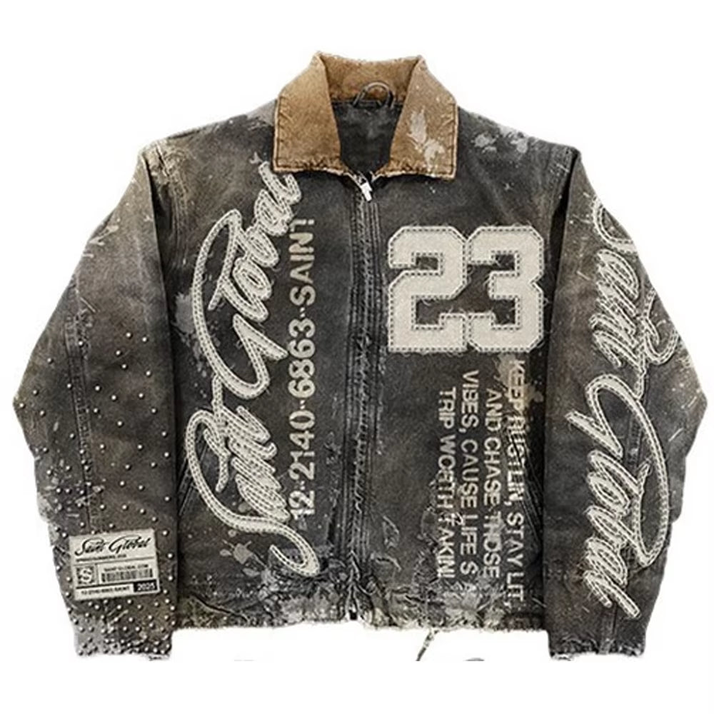 Streetwear American Washed Vintage Black Denim Jacket Y2K Clothes Men Hip Hop Letter Patch Embroidery Rhinestones Oversized Coat