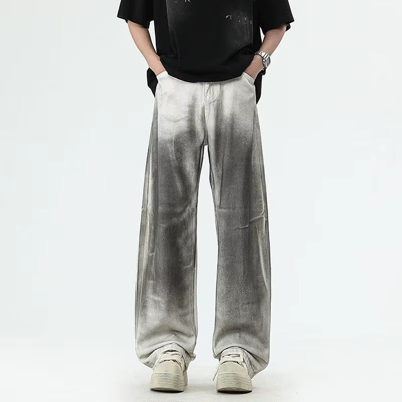 Men'S Street Style Simple Casual White Jeans Loose Straight Leg Wide Leg plus Size Wash Dirty Trendy Casual Versatile Long Pants