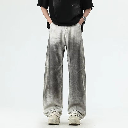 Men'S Street Style Simple Casual White Jeans Loose Straight Leg Wide Leg plus Size Wash Dirty Trendy Casual Versatile Long Pants