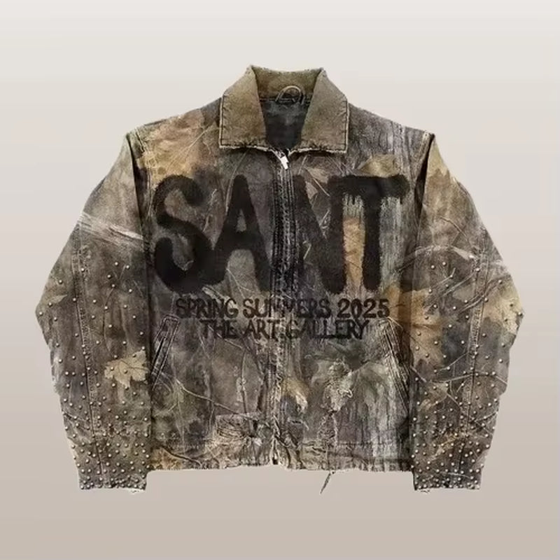 Y2K Leaf Camo Zip up Jacket Coats Mens Punk Heavy Industry Hip Hop Letter Rhinestone Patchwork Outdoors Tactic Jacket Clothes