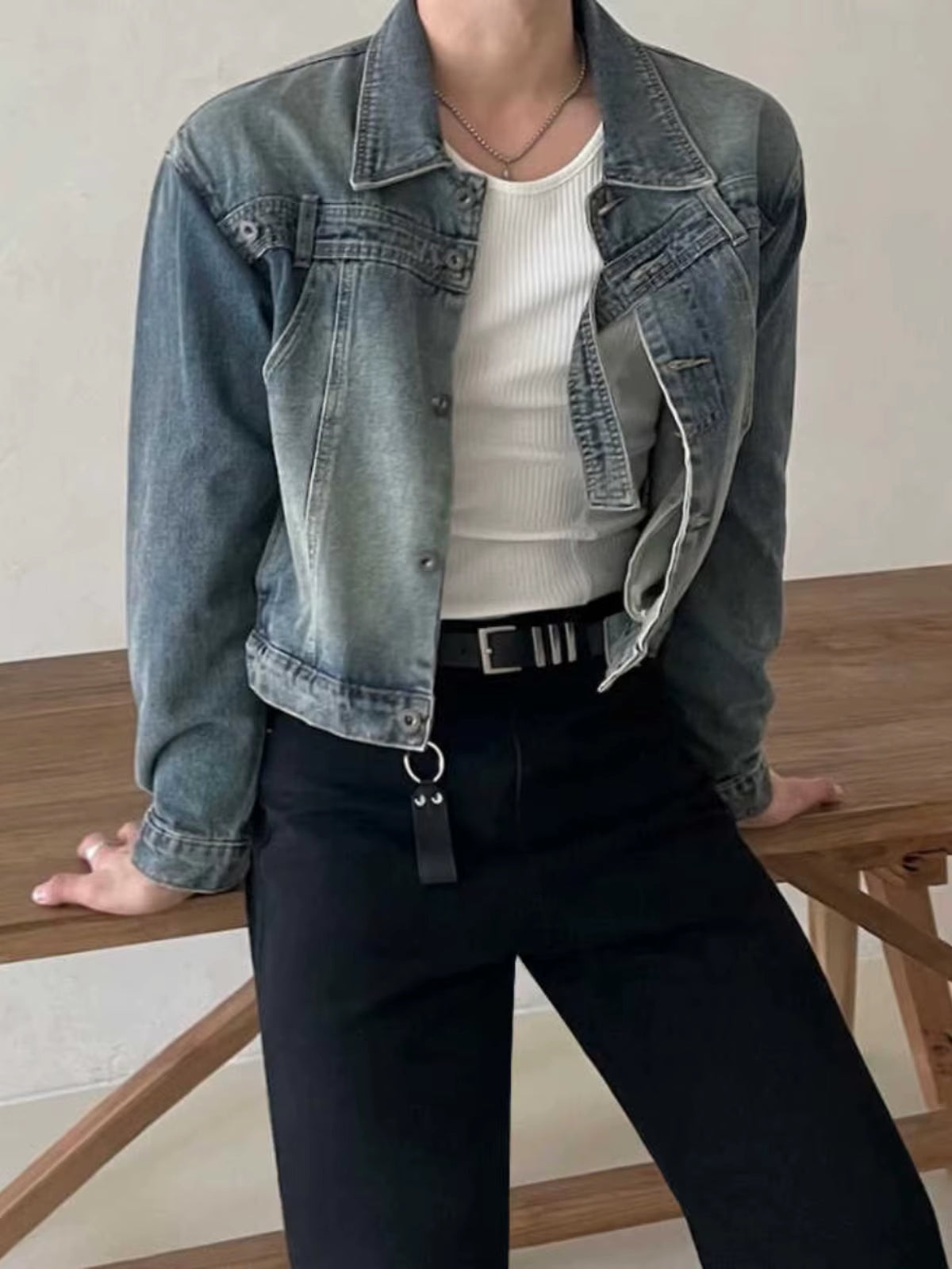 Retro American Waed Denim Jaet Men'S Loose Ort Outerwear Korean Trend Collar up Irt Autumn Season Faionable Youth