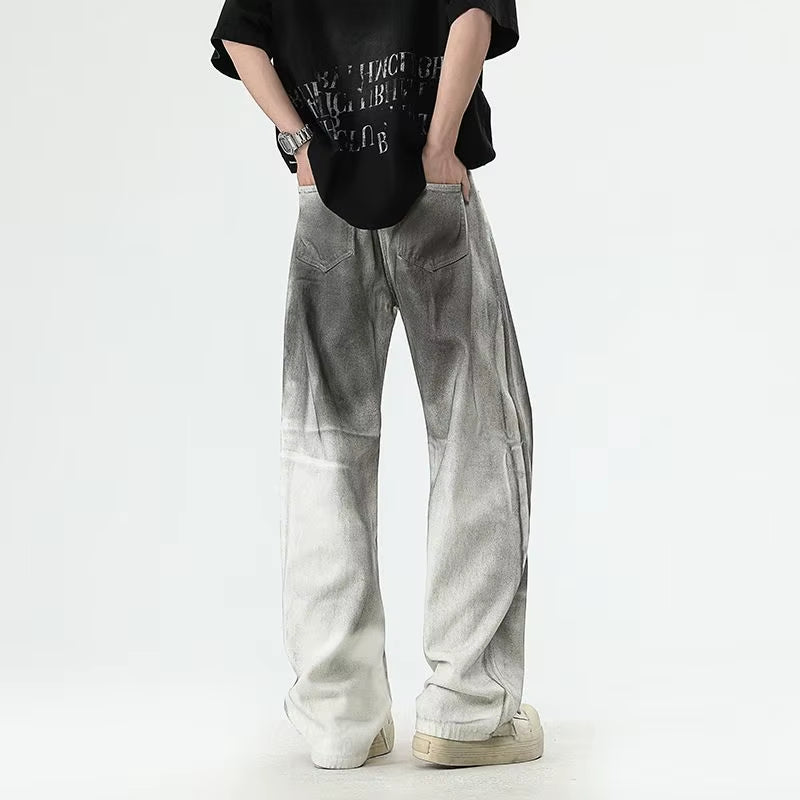Men'S Street Style Simple Casual White Jeans Loose Straight Leg Wide Leg plus Size Wash Dirty Trendy Casual Versatile Long Pants