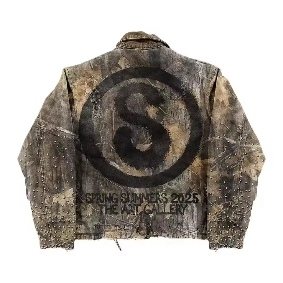 Y2K Leaf Camo Zip up Jacket Coats Mens Punk Heavy Industry Hip Hop Letter Rhinestone Patchwork Outdoors Tactic Jacket Clothes