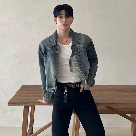 Retro American Waed Denim Jaet Men'S Loose Ort Outerwear Korean Trend Collar up Irt Autumn Season Faionable Youth