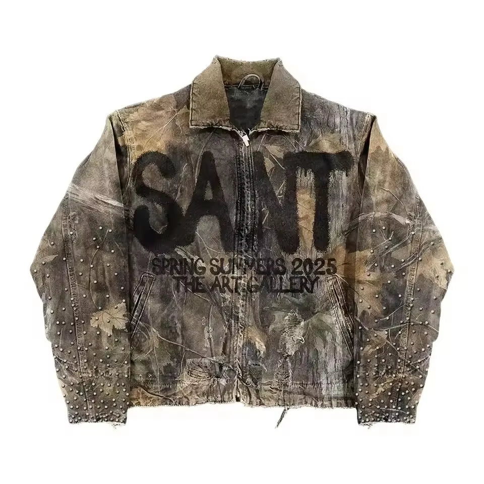 Y2K Leaf Camo Zip up Jacket Coats Mens Punk Heavy Industry Hip Hop Letter Rhinestone Patchwork Outdoors Tactic Jacket Clothes
