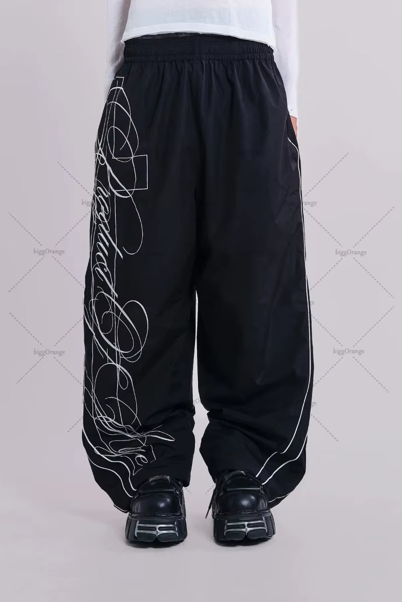 Retro Trendy Clothing Men American Embroidery High Waist Straight Wide-Leg Pants Women Hip-Hop Street Oversized Sports Pants