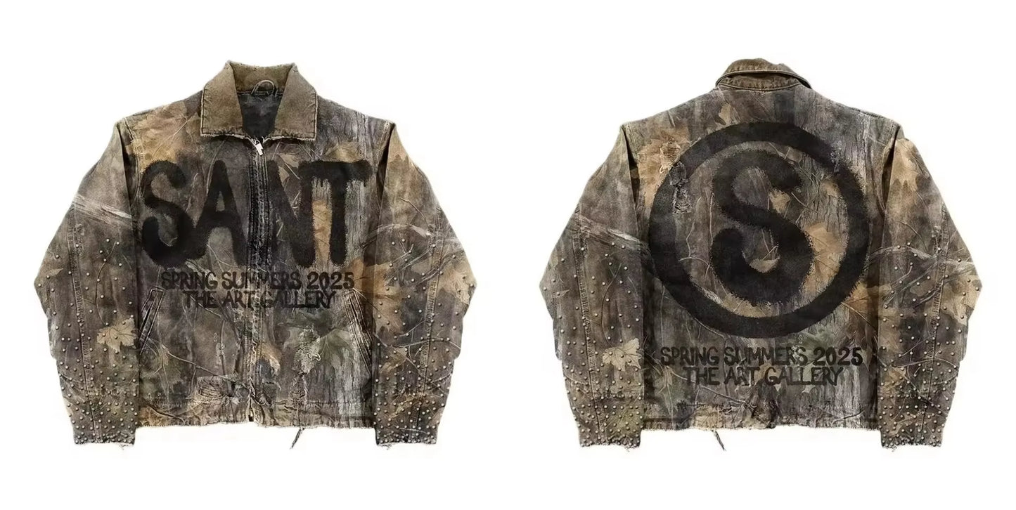 Y2K Leaf Camo Zip up Jacket Coats Mens Punk Heavy Industry Hip Hop Letter Rhinestone Patchwork Outdoors Tactic Jacket Clothes
