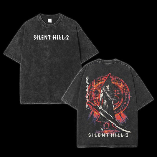 Silent Hill 2 T-Shirt Double Printed Unisex Acid Washed Lightweight Cotton T-Shirt, Gift for Game Fan, Streetwear Men Gifts