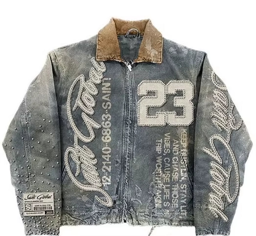 Streetwear American Washed Vintage Black Denim Jacket Y2K Clothes Men Hip Hop Letter Patch Embroidery Rhinestones Oversized Coat