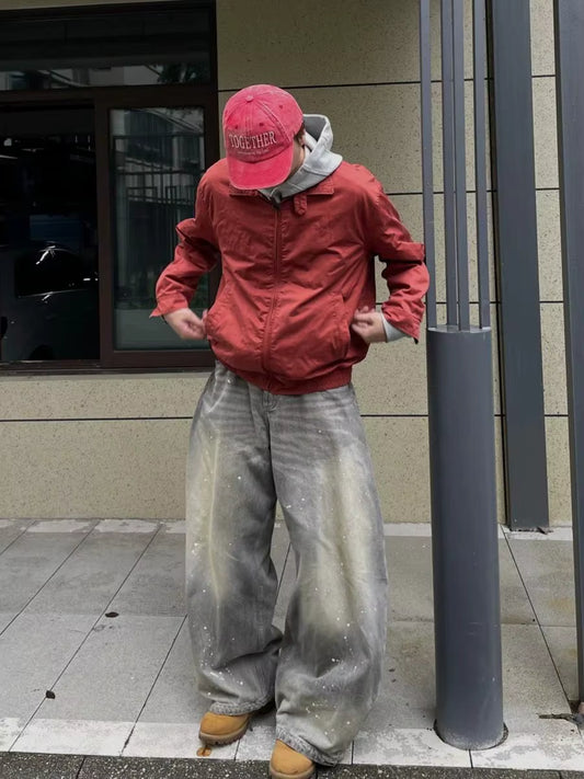 American High Street Retro Splaed Ink Design Knife Jeans Men Loose Wide Leg Versatile Casual Drapey Long Pants