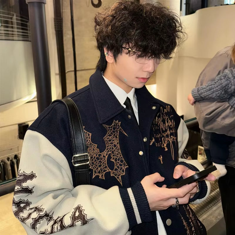 American New Vintage Street Ruffian Wool Embroidered Baseball Uniform Jacket Men and Women Y2K Harajuku Stand-Up Pilot Jacket