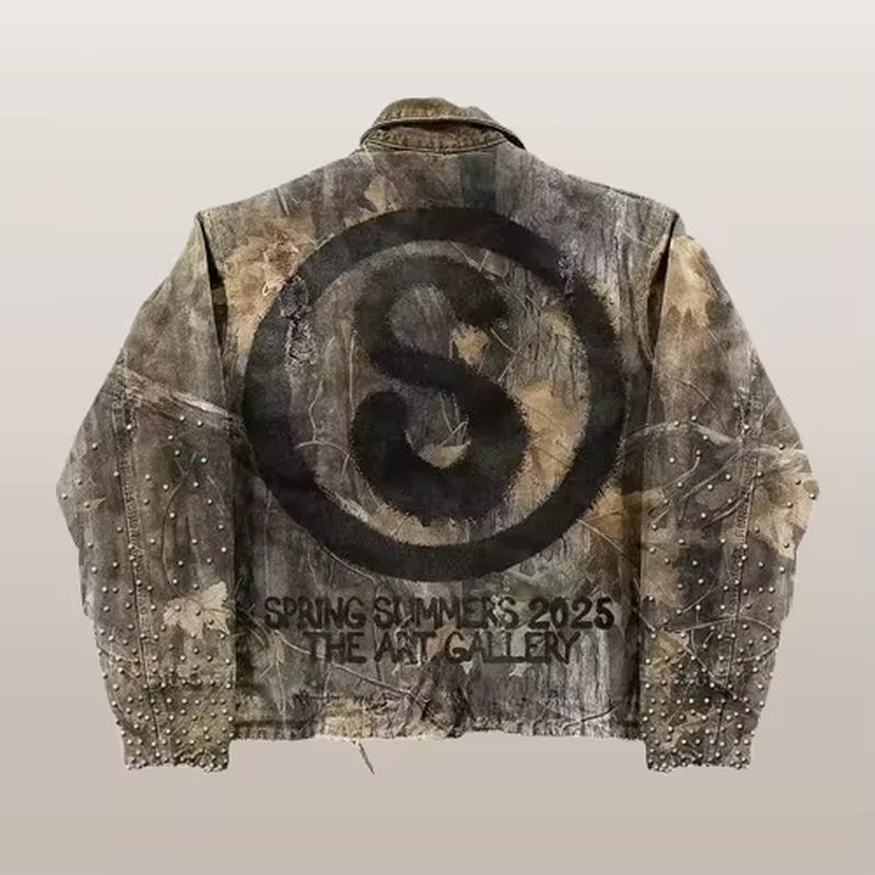 Y2K Leaf Camo Zip up Jacket Coats Mens Punk Heavy Industry Hip Hop Letter Rhinestone Patchwork Outdoors Tactic Jacket Clothes