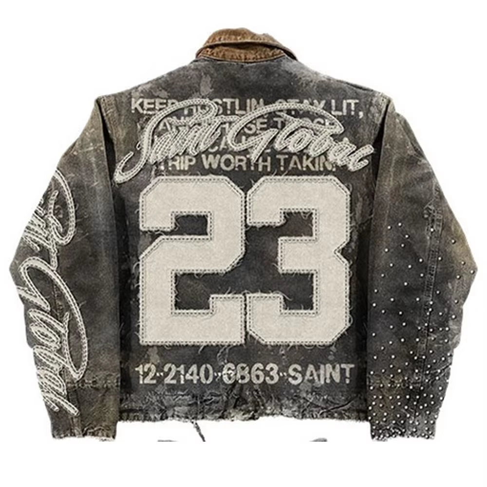 Streetwear American Washed Vintage Black Denim Jacket Y2K Clothes Men Hip Hop Letter Patch Embroidery Rhinestones Oversized Coat
