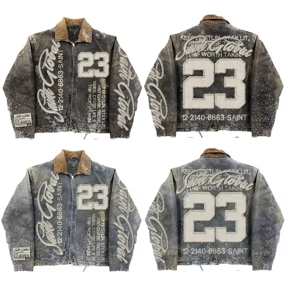 Streetwear American Washed Vintage Black Denim Jacket Y2K Clothes Men Hip Hop Letter Patch Embroidery Rhinestones Oversized Coat