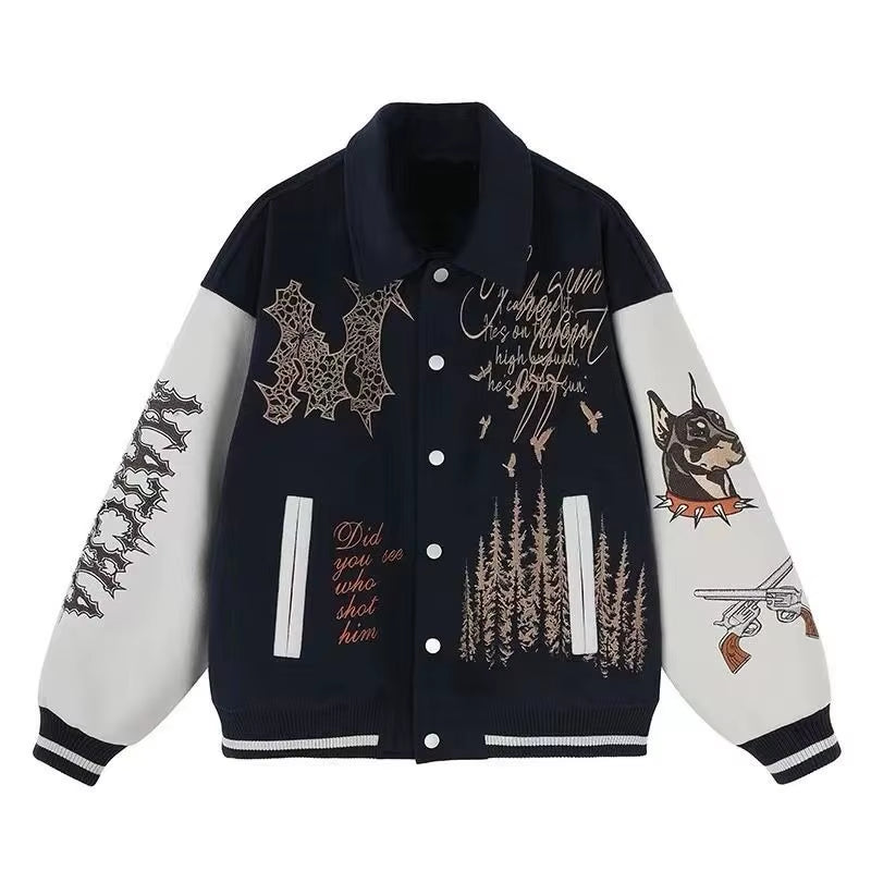 American New Vintage Street Ruffian Wool Embroidered Baseball Uniform Jacket Men and Women Y2K Harajuku Stand-Up Pilot Jacket