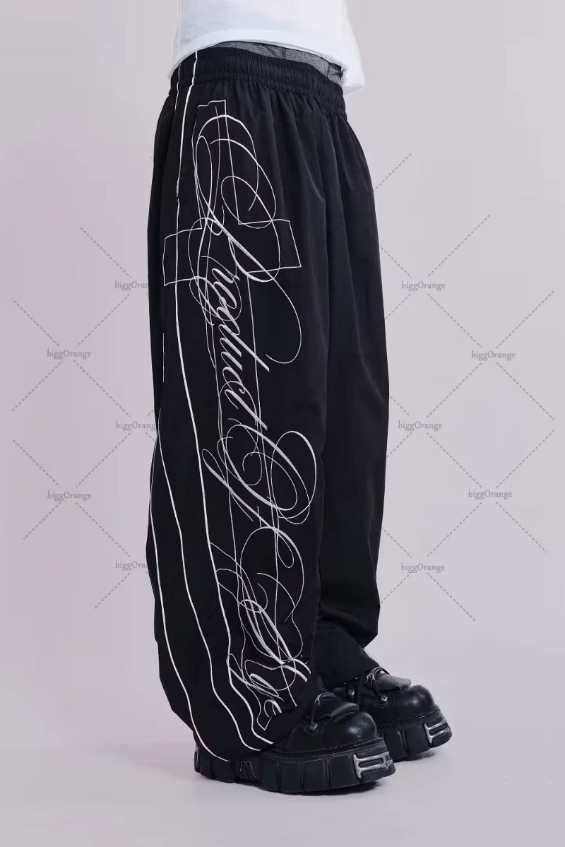 Retro Trendy Clothing Men American Embroidery High Waist Straight Wide-Leg Pants Women Hip-Hop Street Oversized Sports Pants