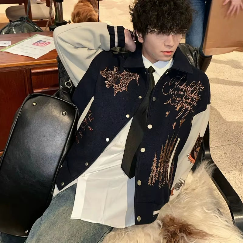 American New Vintage Street Ruffian Wool Embroidered Baseball Uniform Jacket Men and Women Y2K Harajuku Stand-Up Pilot Jacket
