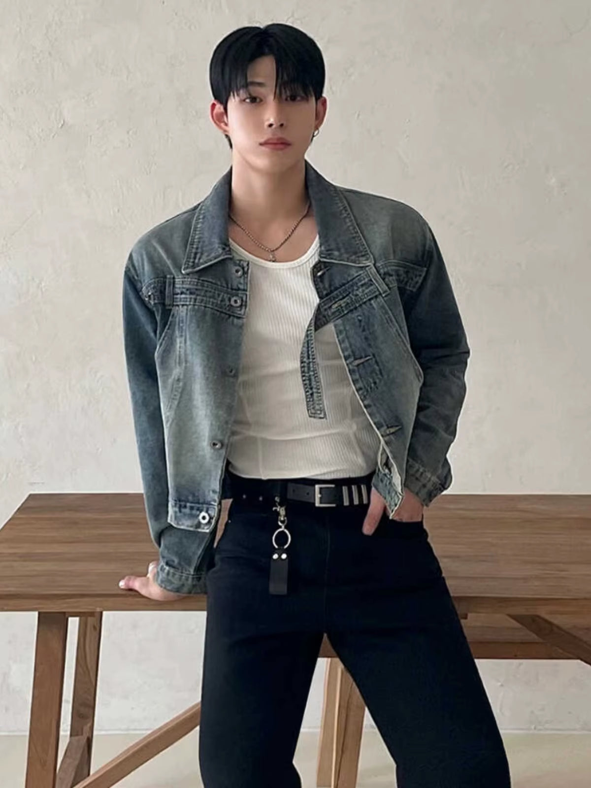 Retro American Waed Denim Jaet Men'S Loose Ort Outerwear Korean Trend Collar up Irt Autumn Season Faionable Youth