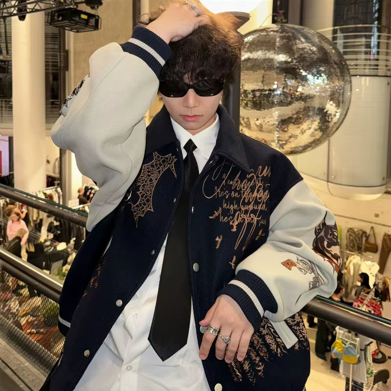 American New Vintage Street Ruffian Wool Embroidered Baseball Uniform Jacket Men and Women Y2K Harajuku Stand-Up Pilot Jacket